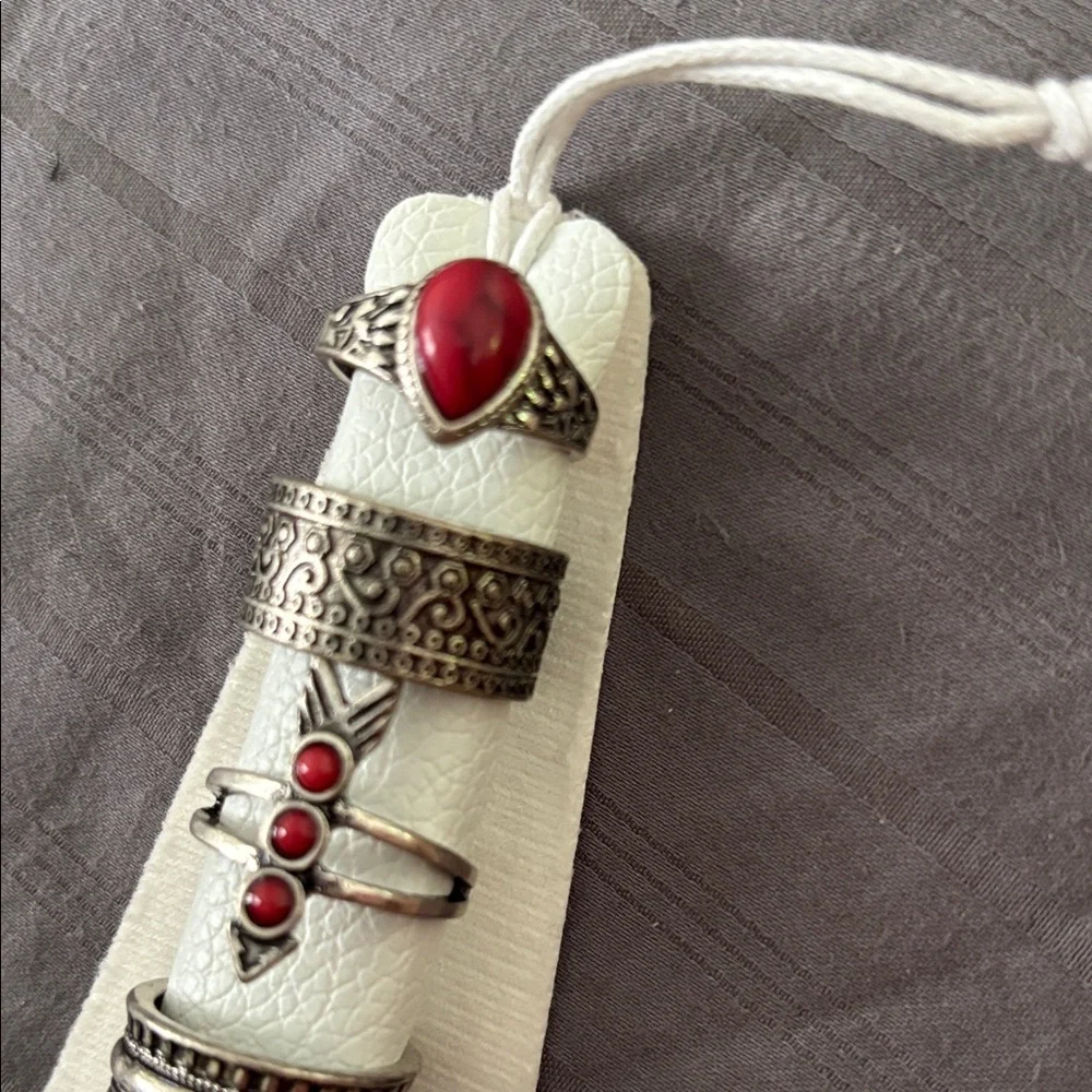 Free People Silver and Red Bohemian Ring Set - Picture 3 of 4